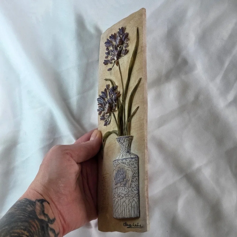 Clare Lake Ceramic Wall Art Floral Relief Plaque Purple Flowers Cottagecore - Picture 2 of 16